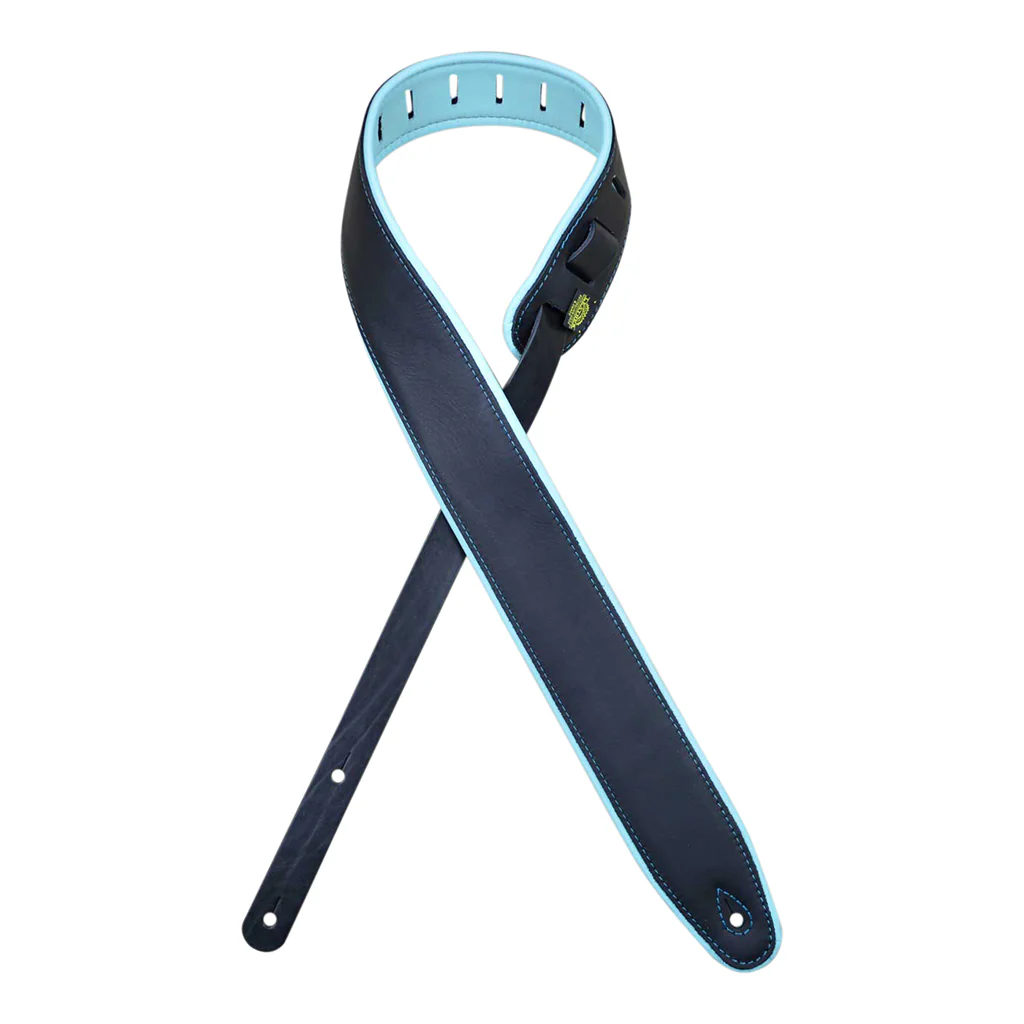 Colonial Leather - 2.5″ Padded Upholstery Leather Guitar Strap - Black & Aqua
