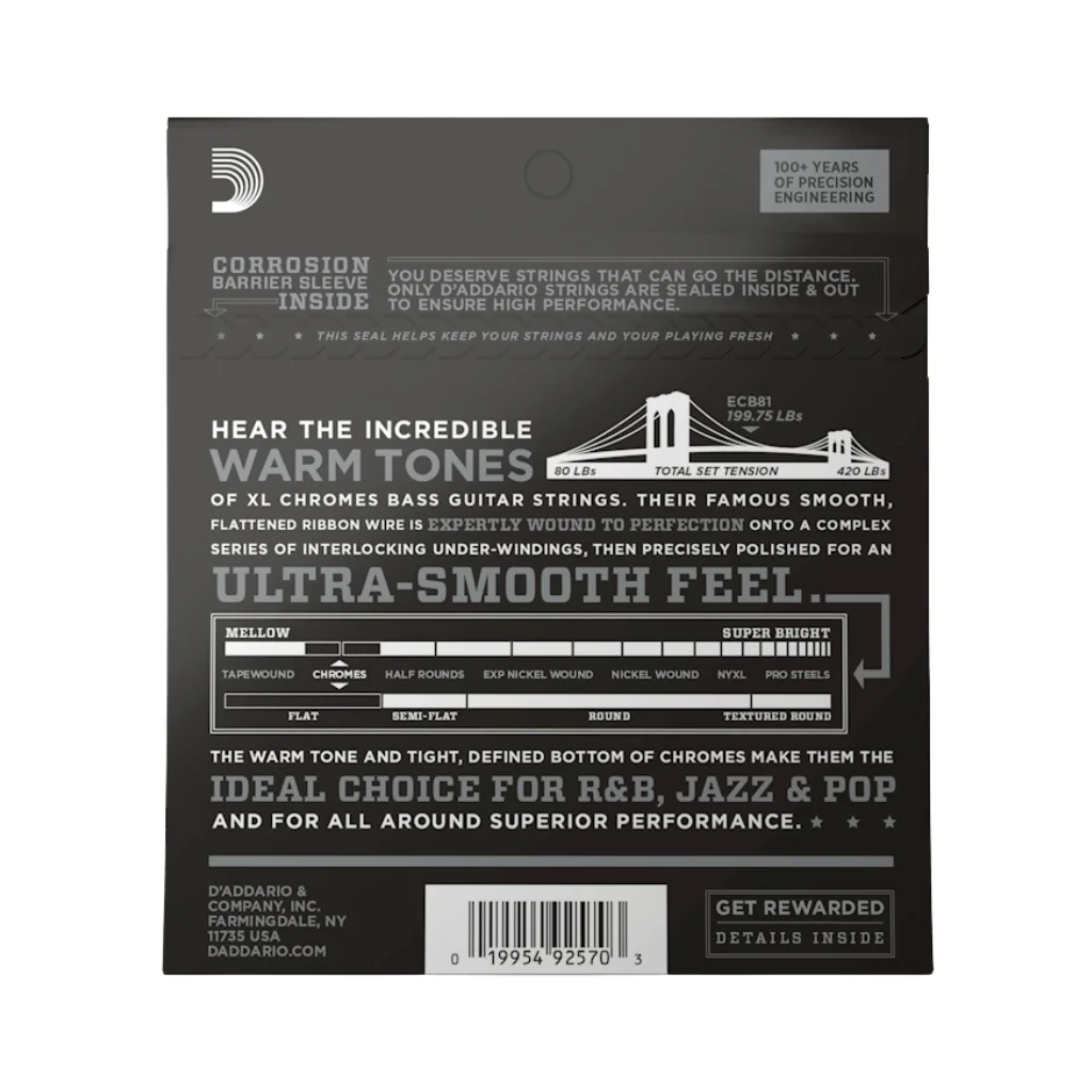D'Addario XL Chromes Flatwound Bass Guitar Strings -.045-.100 Regular Light, Long Scale - Image 3