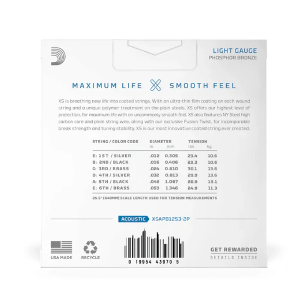 D'Addario XSAPB1253 XS Phosphor Bronze Acoustic Guitar Strings - .012-.053 Light, 2-pack - Image 3