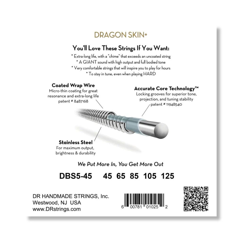 DR Strings Dragon Skin+ Coated 5-string Bass Guitar Strings - Medium 45-125 - Image 2