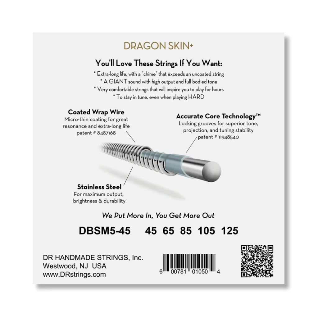 DR Strings Dragon Skin+ Coated 5-String Multi-Scale Bass Guitar Strings - 45-125 - Image 2