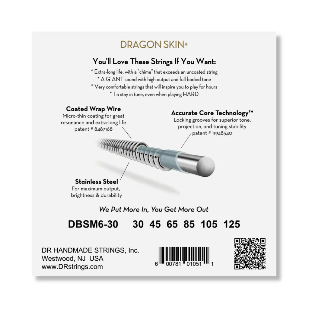 DR Strings Dragon Skin+ Coated 6-String Multi-Scale Bass Guitar Strings - 30-125 - Image 2