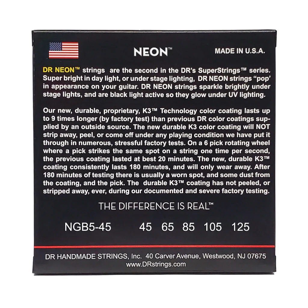 DR Strings Hi-Def Neon Green K3 Coated 5-string Bass Guitar Strings - Medium 45-125 - Image 2