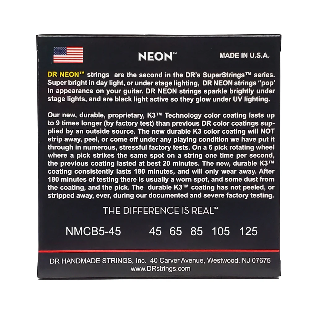 DR Strings Hi-Def Neon Multi-Color K3 Coated 5-string Bass Guitar Strings - Medium 45-125 - Image 2