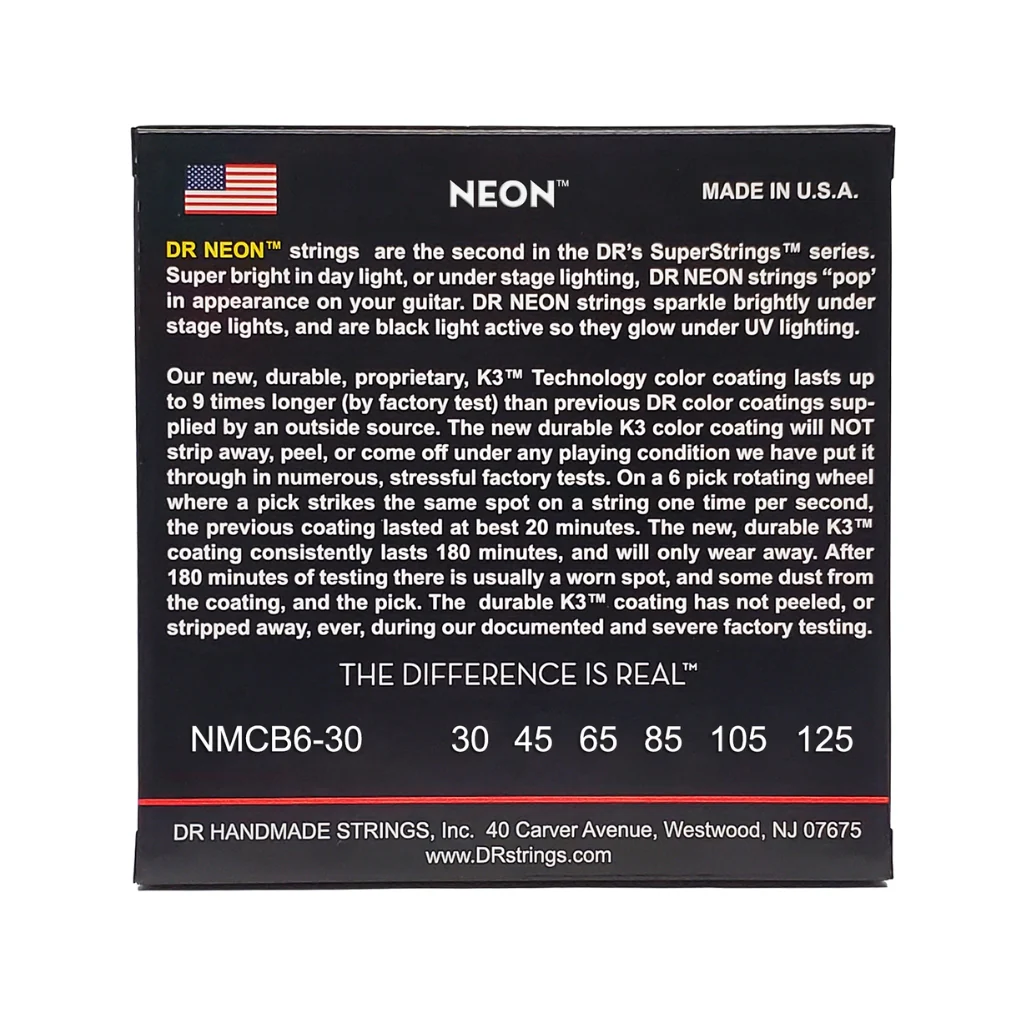 DR Strings Hi-Def Neon Multi-Color K3 Coated 6-string Bass Guitar Strings - Medium 30-125 - Image 2