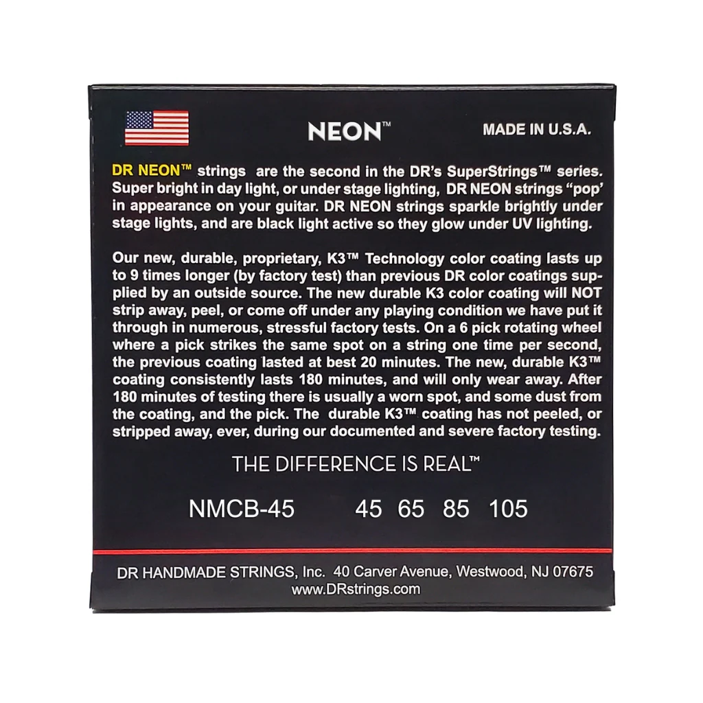 DR Strings Hi-Def Neon Multi-Color K3 Coated Bass Guitar Strings - Medium 45-105 - Image 2