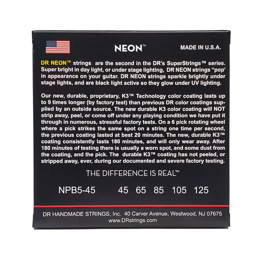 DR Strings Hi-Def Neon Purple K3 Coated 5-string Bass Guitar Strings - Medium 45-125 - Image 2