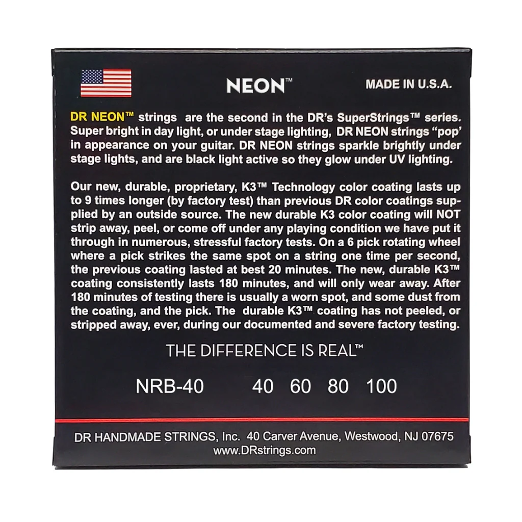 DR Strings Hi-Def Neon Red K3 Coated Bass Guitar Strings - Light 40-100 - Image 2