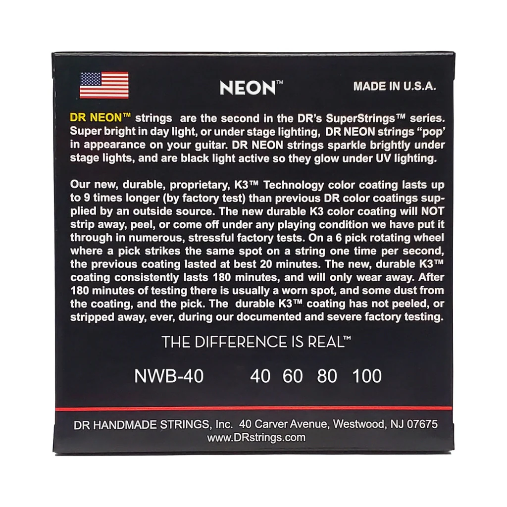 DR Strings Hi-Def Neon White K3 Coated Bass Guitar Strings - Light 40-100 - Image 2