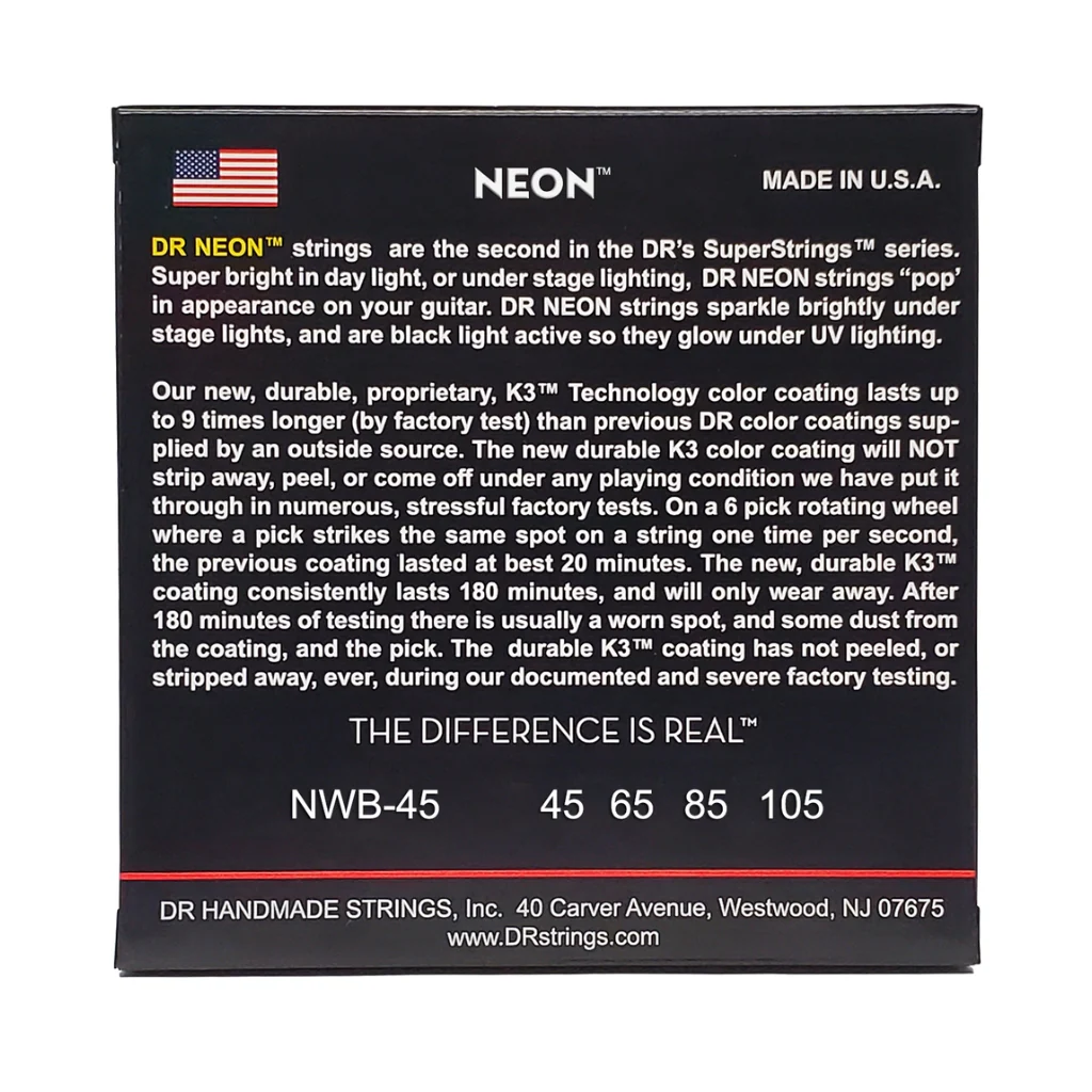 DR Strings Hi-Def Neon White K3 Coated Bass Guitar Strings - Medium 45-105 - Image 2