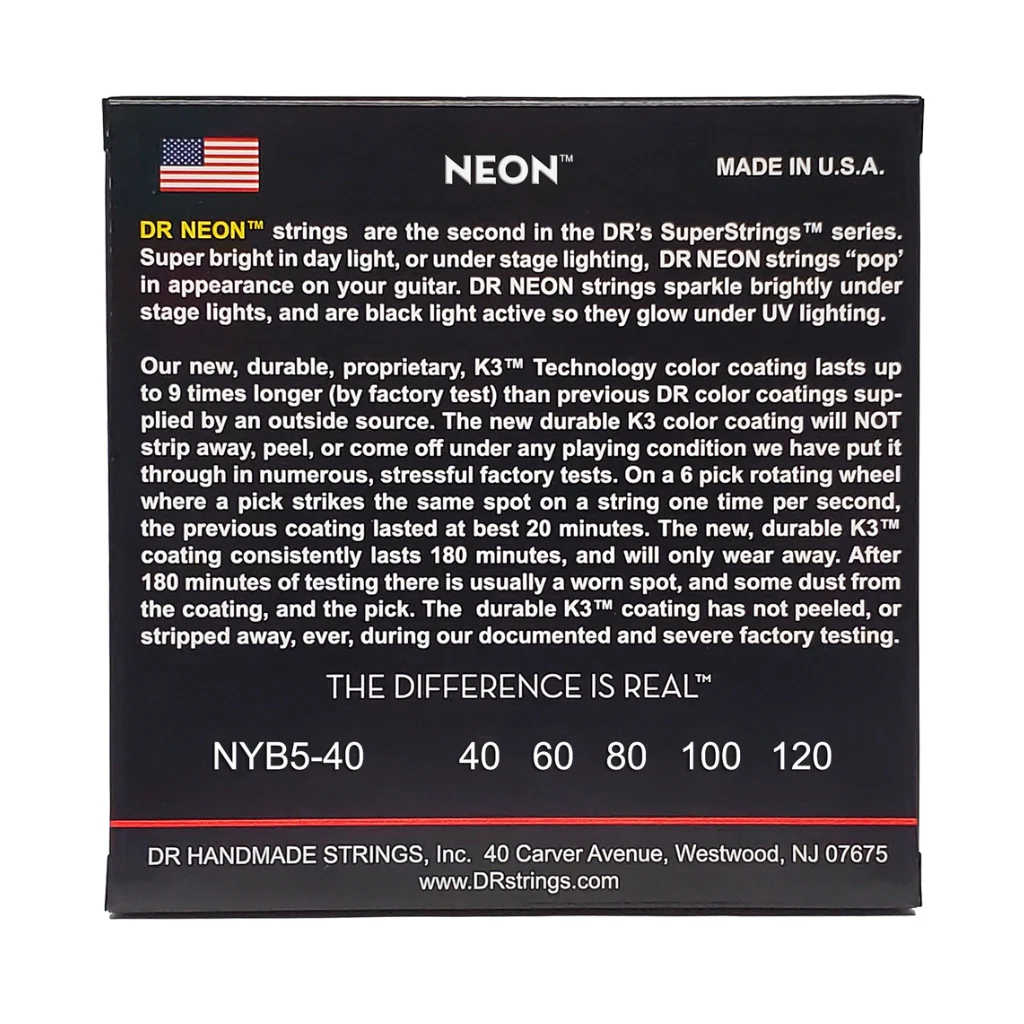 DR Strings Hi-Def Neon Yellow K3 Coated 5-string Bass Guitar Strings - Light 40-120 - Image 2