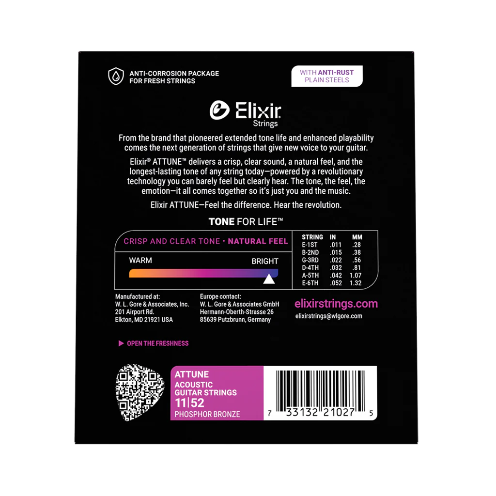 Elixir Attune Phosphor Bronze 11-52 Acoustic Guitar Strings - Custom Light - Image 2