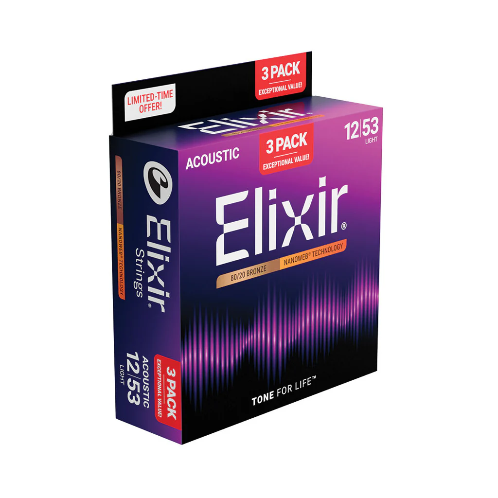 Elixir E16565 Bronze Nanoweb Acoustic Guitar Strings - 12-53 Light, 3-Pack