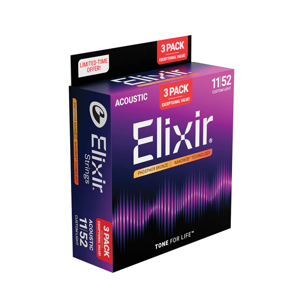 Elixir E16568 Phosphor Bronze Nanoweb Acoustic Guitar Strings - 11-52 Custom Light, 3-Pack