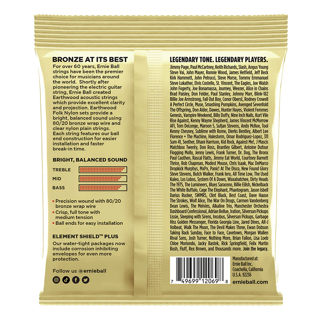 Ernie Ball Earthwood 80/20 Bronze Folk Nylon Classic Ball End Acoustic Guitar Strings, 28-42 Gauge - Image 2