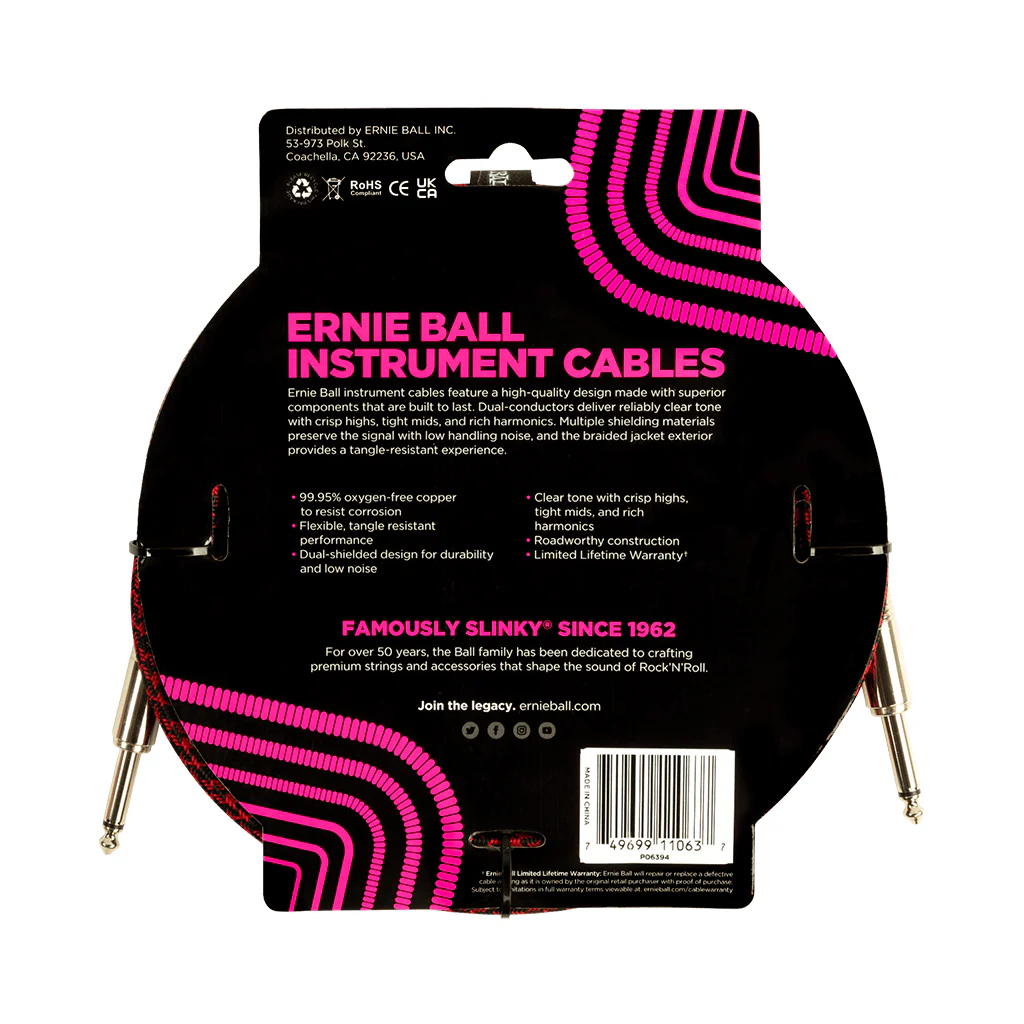 Ernie Ball 10ft Braided Straight Straight Inst Cable Red Black - Image 2