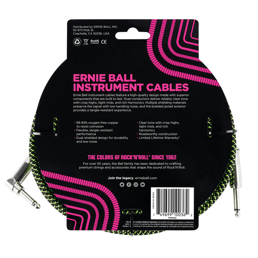 Ernie Ball 5.5 Meters Feet Braided Straight / Angle Inst Cable, Black/Green - Image 2