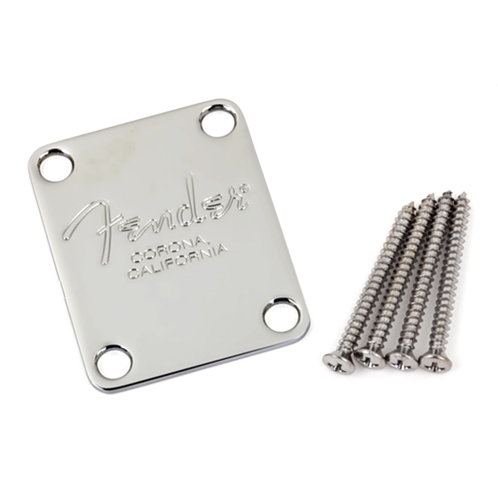 Fender 4 Bolt American Series Bass Neck Plate with Fender Corona Stamp in Chrome