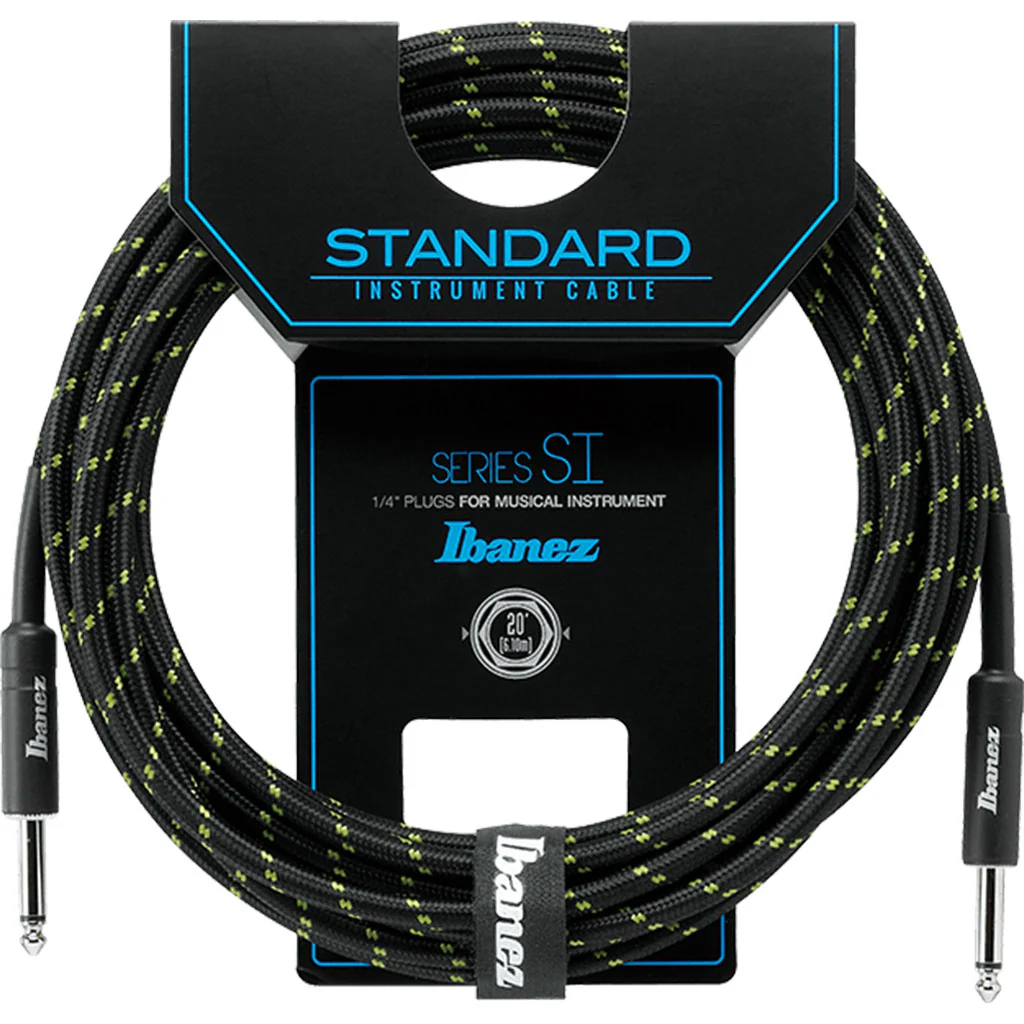Ibanez SI20 BG Woven Guitar Cable w/ 2 Straight Plugs - 20ft (Black / Green)
