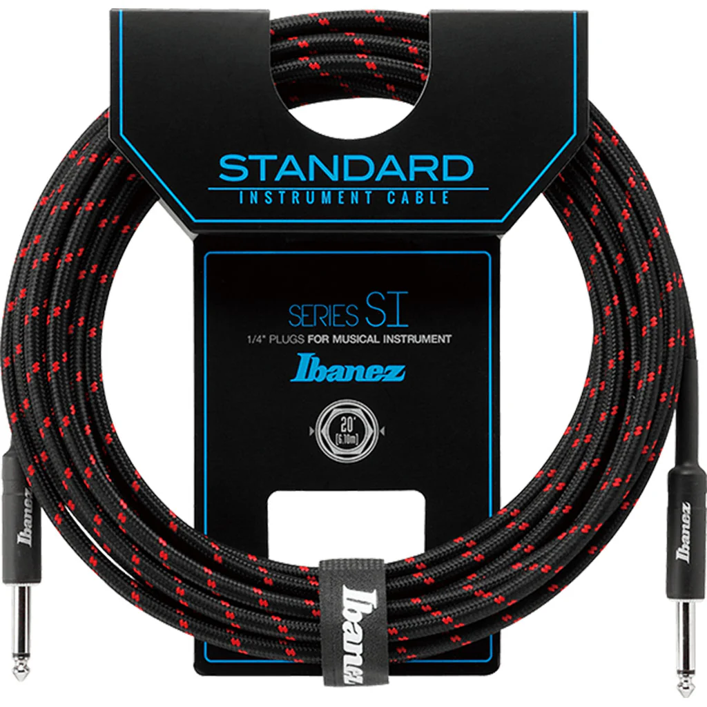 Ibanez SI20 BW Woven Guitar Cable w/ 2 Straight Plugs - 20ft (Black / Wine Red)