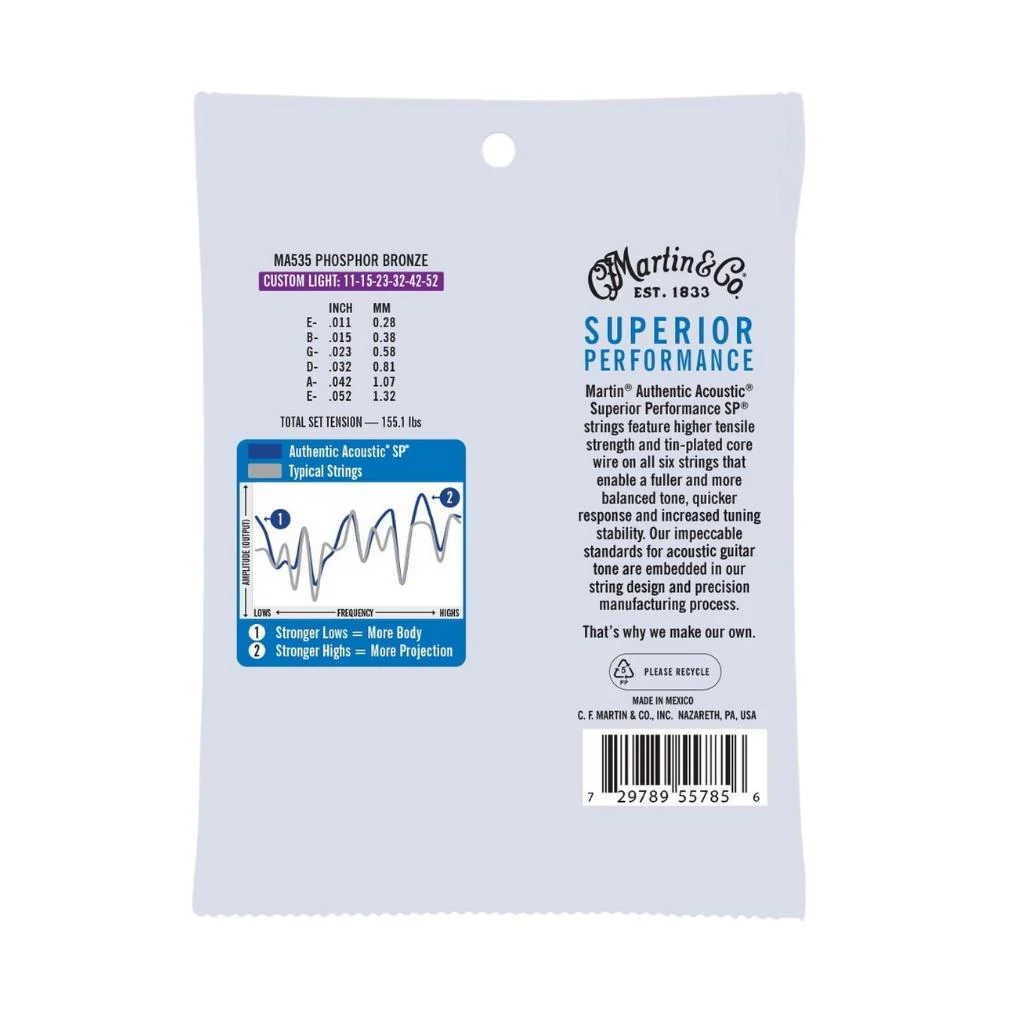 Martin MA535 Authentic SP 92/8 Custom Light Phosphor Bronze Acoustic Guitar Strings 11-52 - Image 2