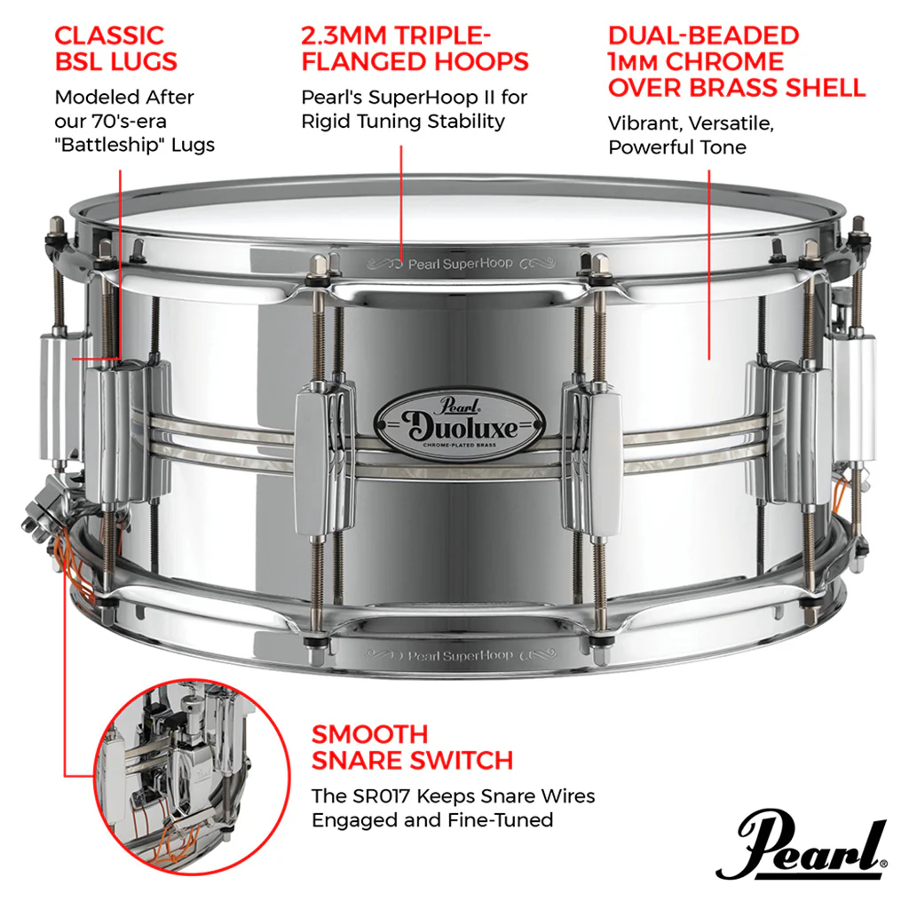 Pearl 14"x6.5" Duoluxe Chrome Over Brass Snare Drum - Image 3