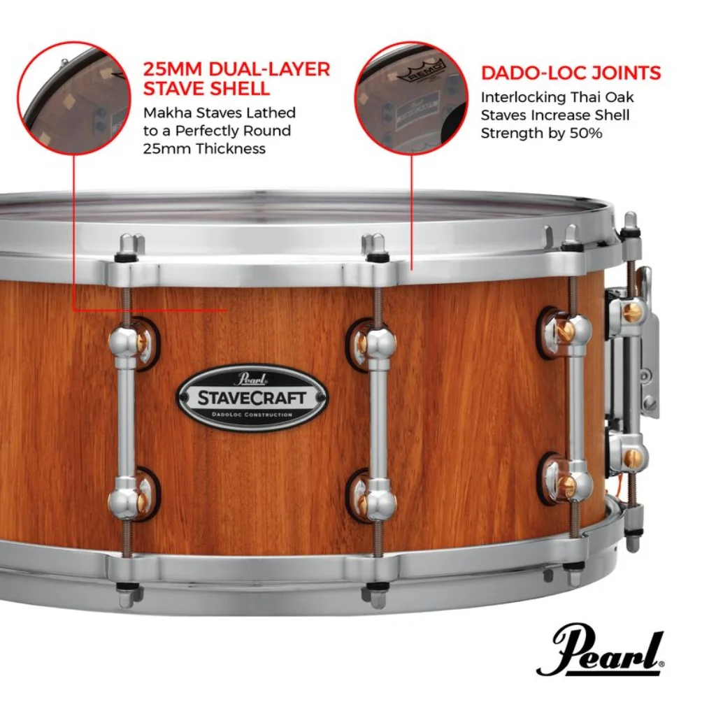 Pearl 14"x6.5" StaveCraft Makha with Thai Oak DadoLoc Snare Drum - Image 2