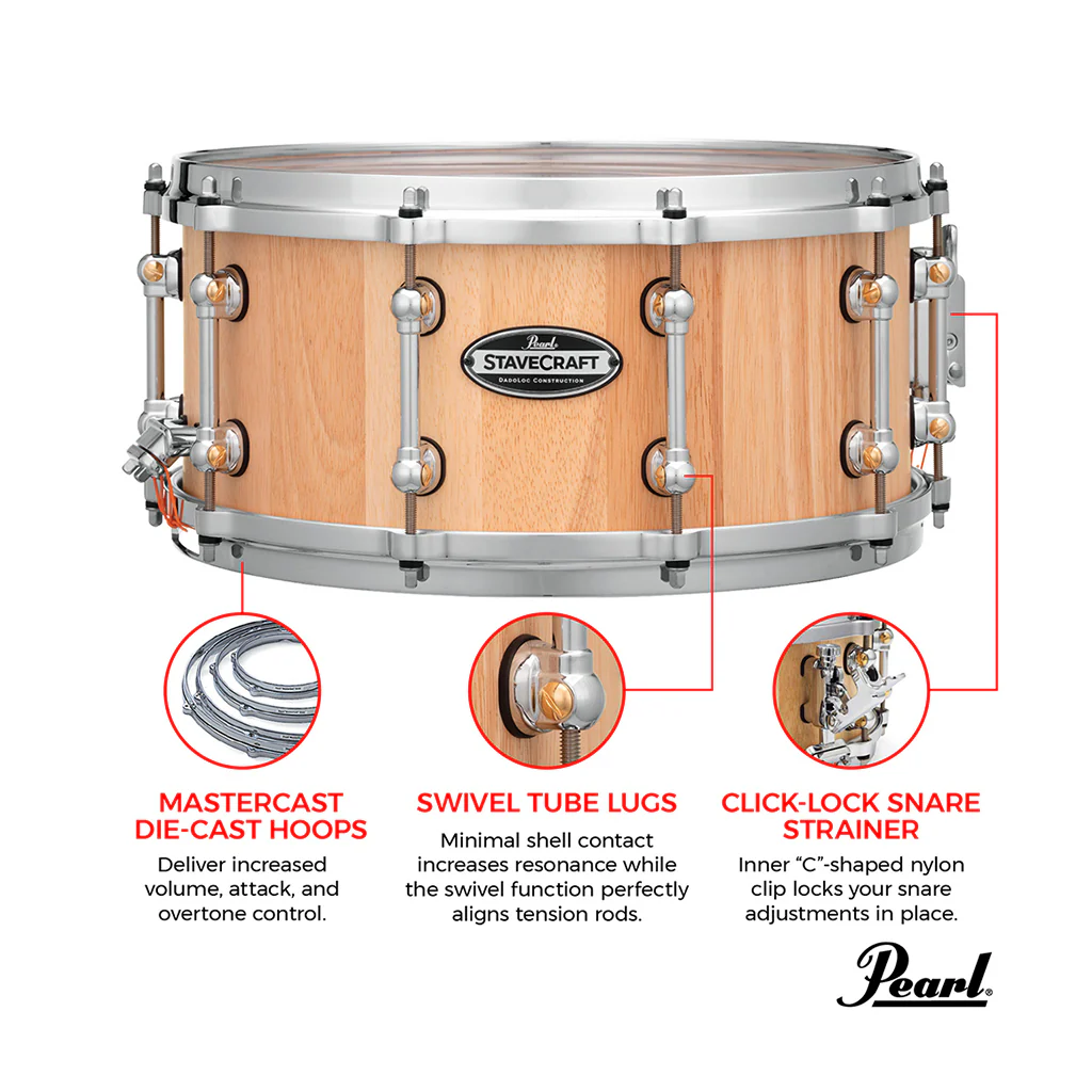 Pearl 14"x6.5" StaveCraft Thai Oak with Makha DadoLoc Snare Drum - Image 3
