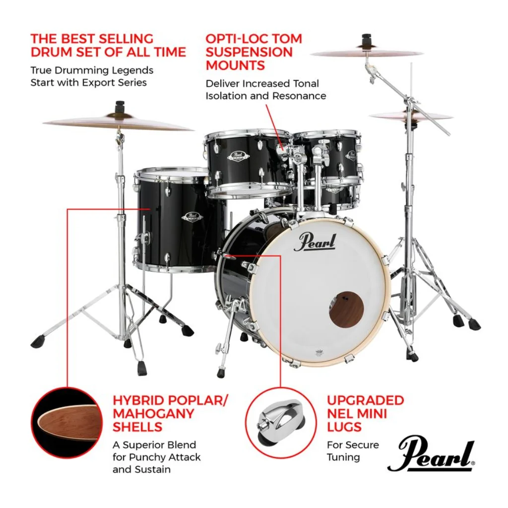 Pearl Export 20" EXX  Fusion Drum Kit Package with Zildjian Cymbals & Hardware - Jet Black - Image 2