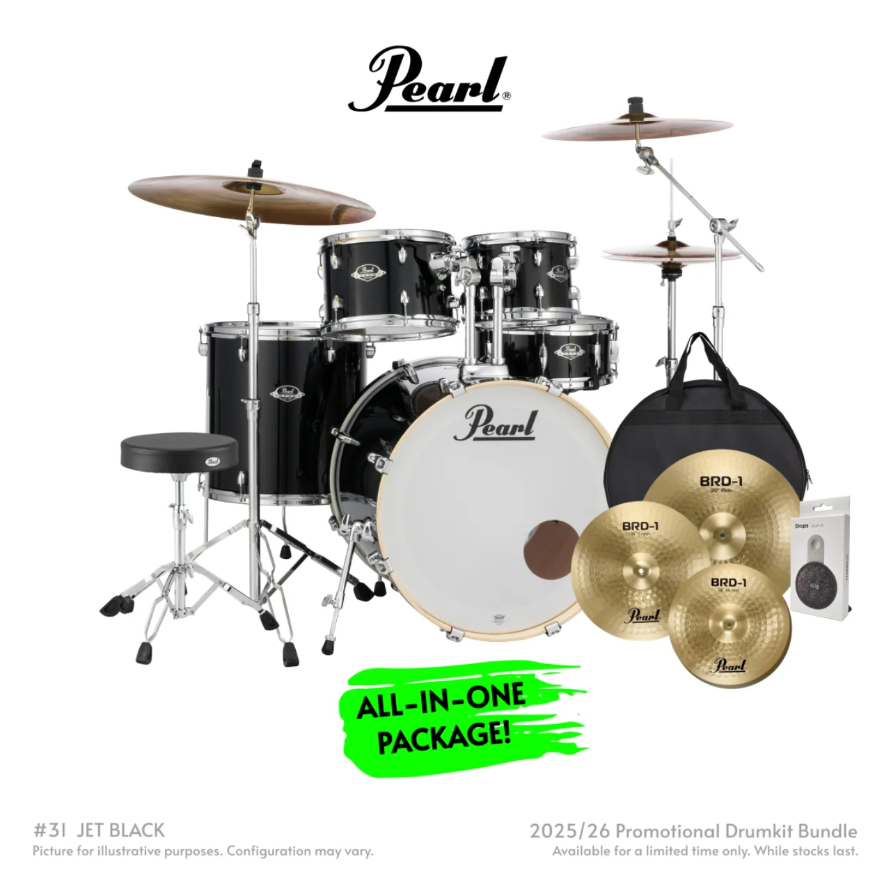 Pearl Export Plus 5pc 22" Fusion Plus Drum Kit with Pearl Cymbals - Jet Black