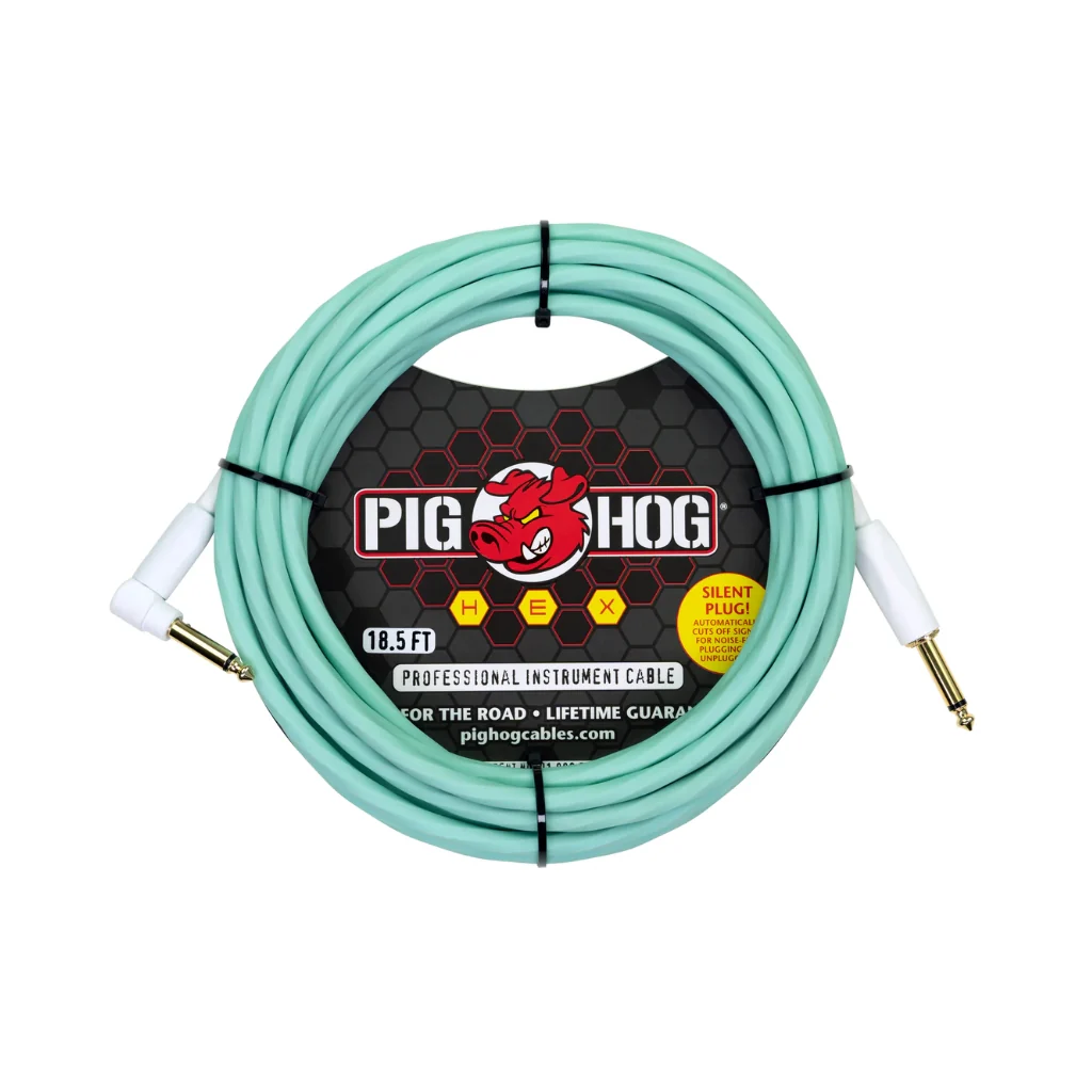 Pig Hog Hex Series Silent Instrument Cable - Seafoam Green, 18.6ft Right Angle