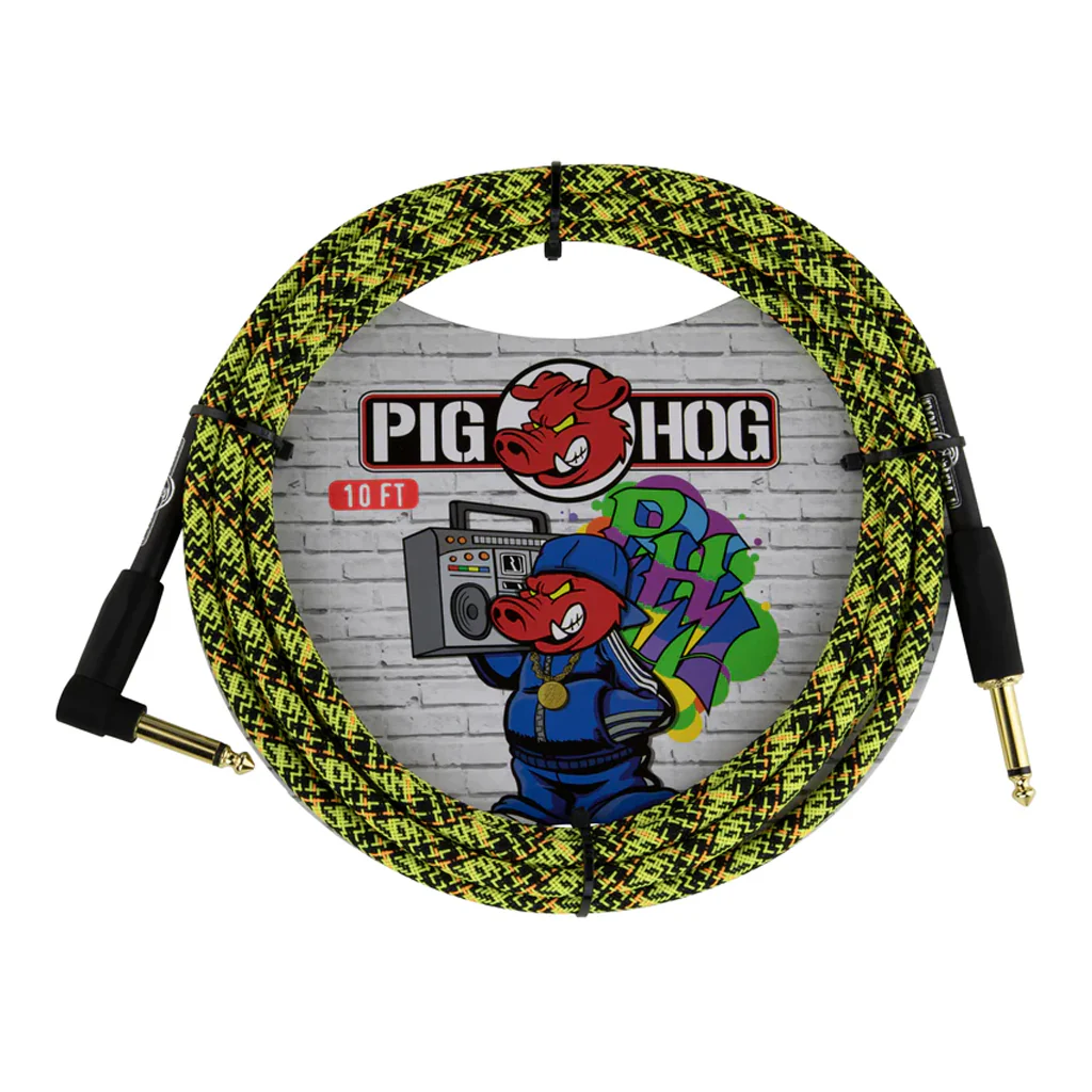 Pig Hog Instrument Cable - Yellow Graffiti, 10ft Right Angle