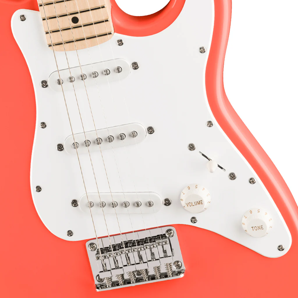 Squier FSR Mini Stratocaster Maple Fingerboard w/White Pickguard - Tahitian Coral - Image 6